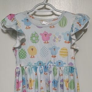 Girls' White Pastel Chick & Egg Flutter Sleeve Dress
